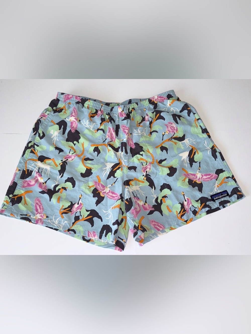Patagonia Baggies Shorts 5 inch Spoonbills Big Sky Blue Bird Print